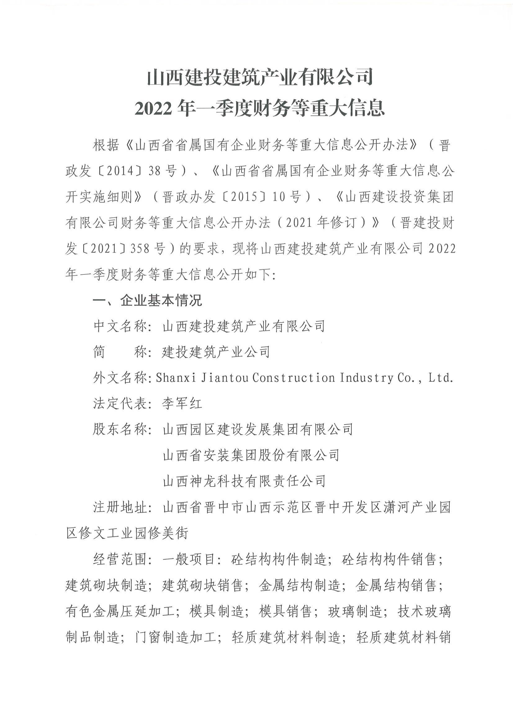 山西建投修建工业有限公司2022年一季度财务等重大信息