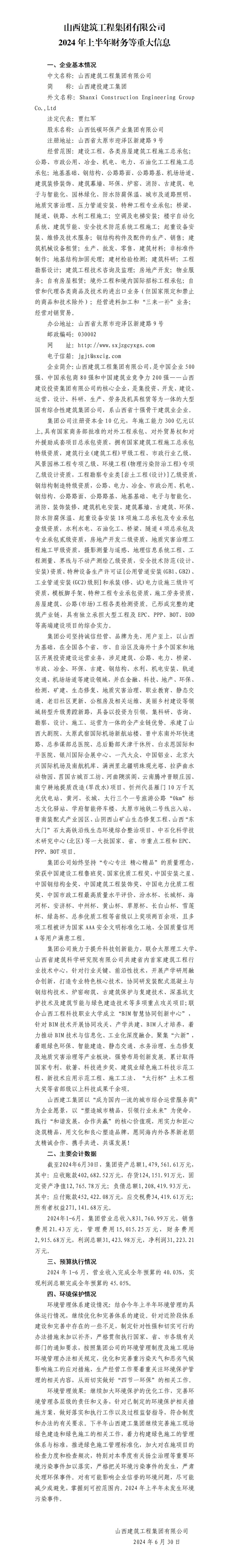 山西修建工程集团有限公司2024年上半年财务等重大信息