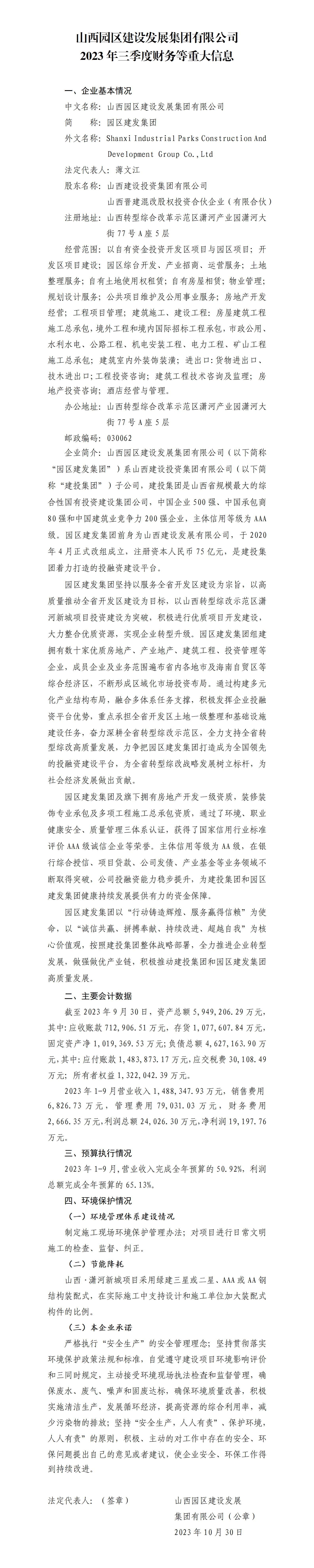山西园区尊龙凯时生长集团有限公司2023年三季度财务等重大信息